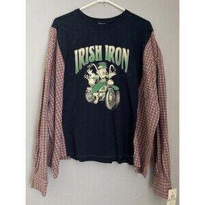 IRISH IRON Flannel Tee, Reworked Flannel, Tee, Upcycled, Motorcycle, Leprechaun